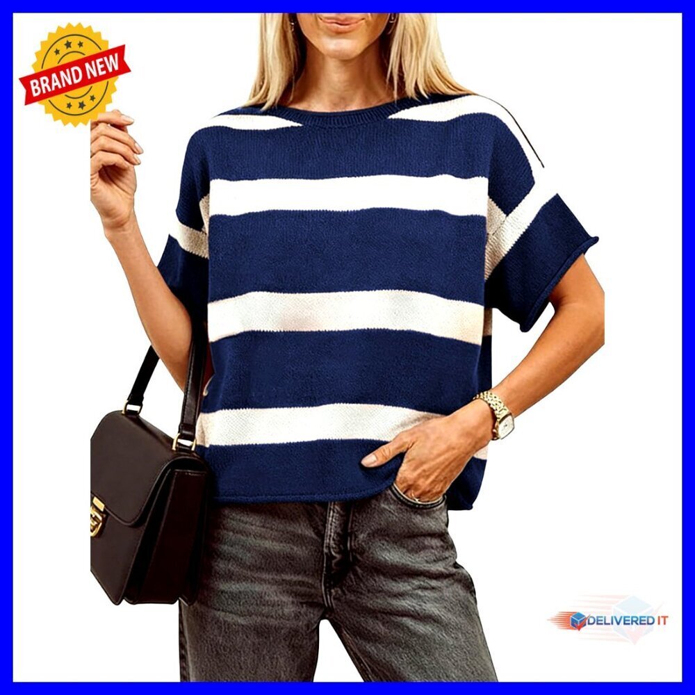 Short Sleeve Striped Knit Top Crew Neck Casual Sweater Women's